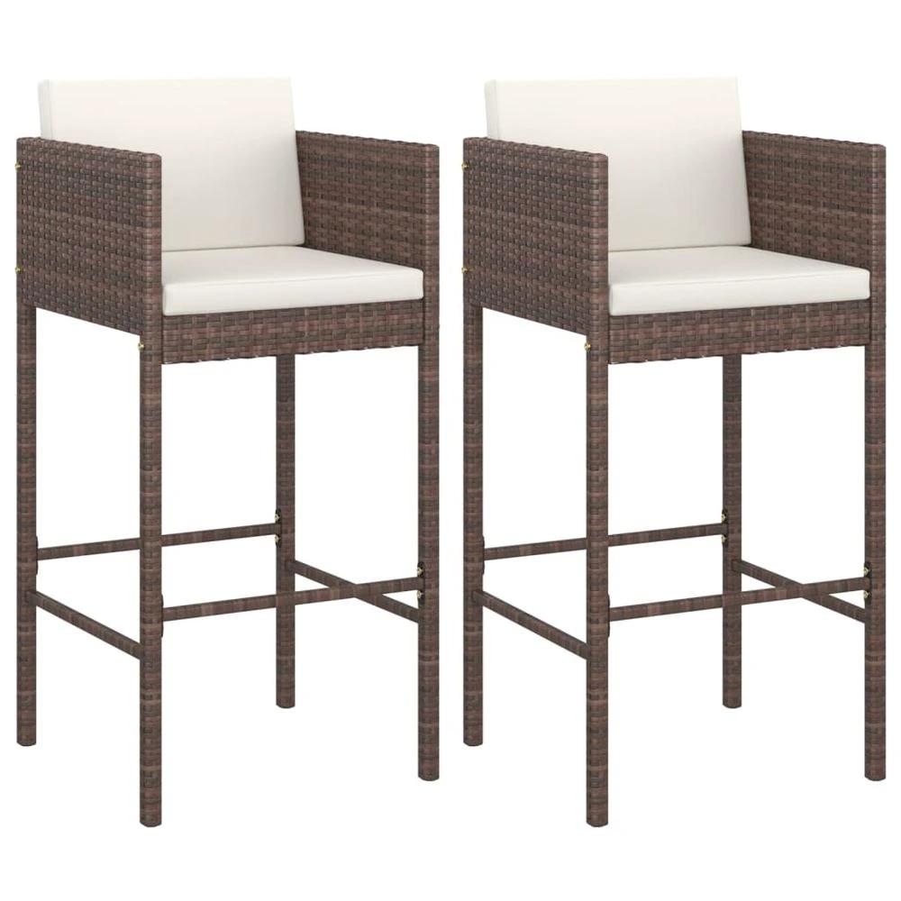 Bar Stools 2 pcs with Cushions vidaXL Brown Poly Rattan by vidaXL