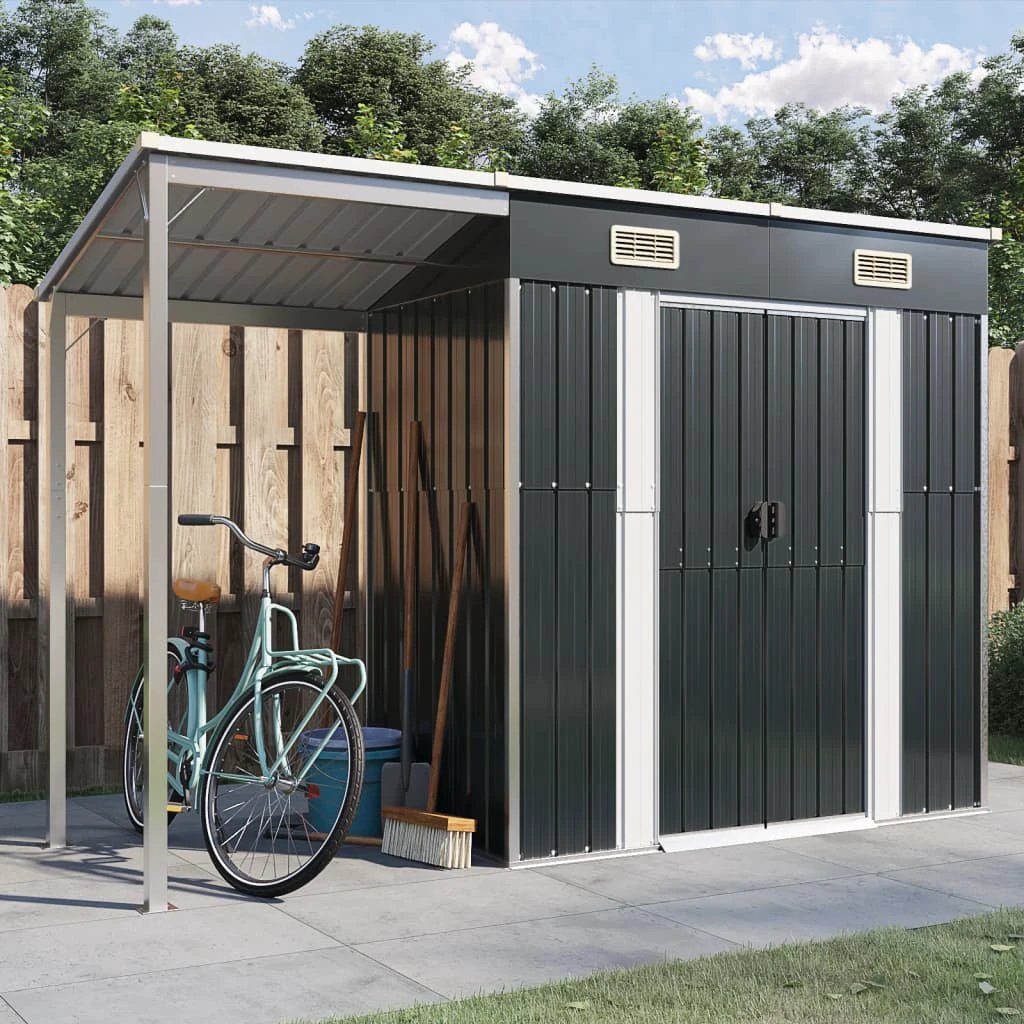 vidaXL Garden Shed with Extended Roof Green 277x110.5x181 cm Steel by vidaXL