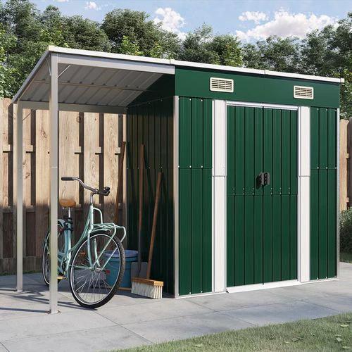 vidaXL Garden Shed with Extended Roof Green 277x110.5x181 cm Steel by vidaXL
