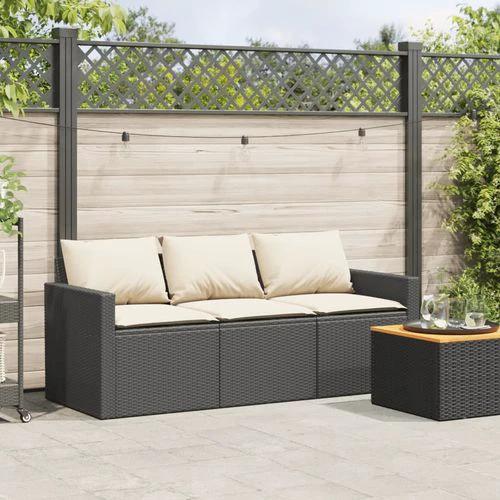 vidaXL Garden Sofa with Cushions 3-Seater Black Poly Rattan by vidaXL
