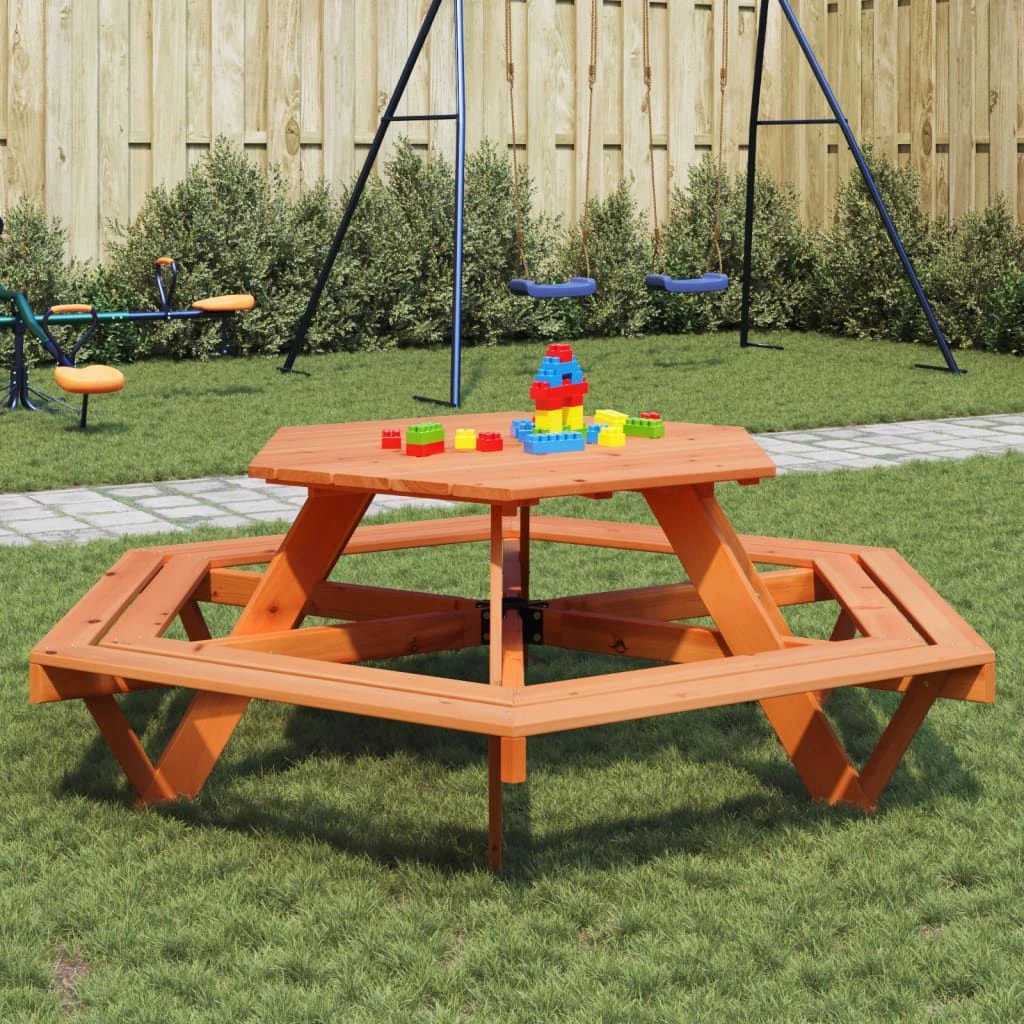 vidaXL Picnic Table for 6 Kids with Benches Hexagon Solid Wood Fir - Picnic Tables