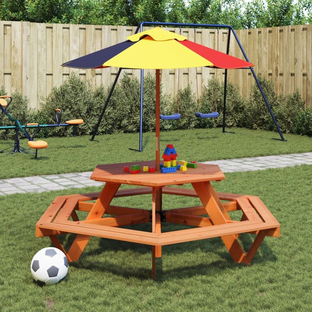 vidaXL Picnic Table for 6 Kids with Benches Hexagon Solid Wood Fir - Picnic Tables