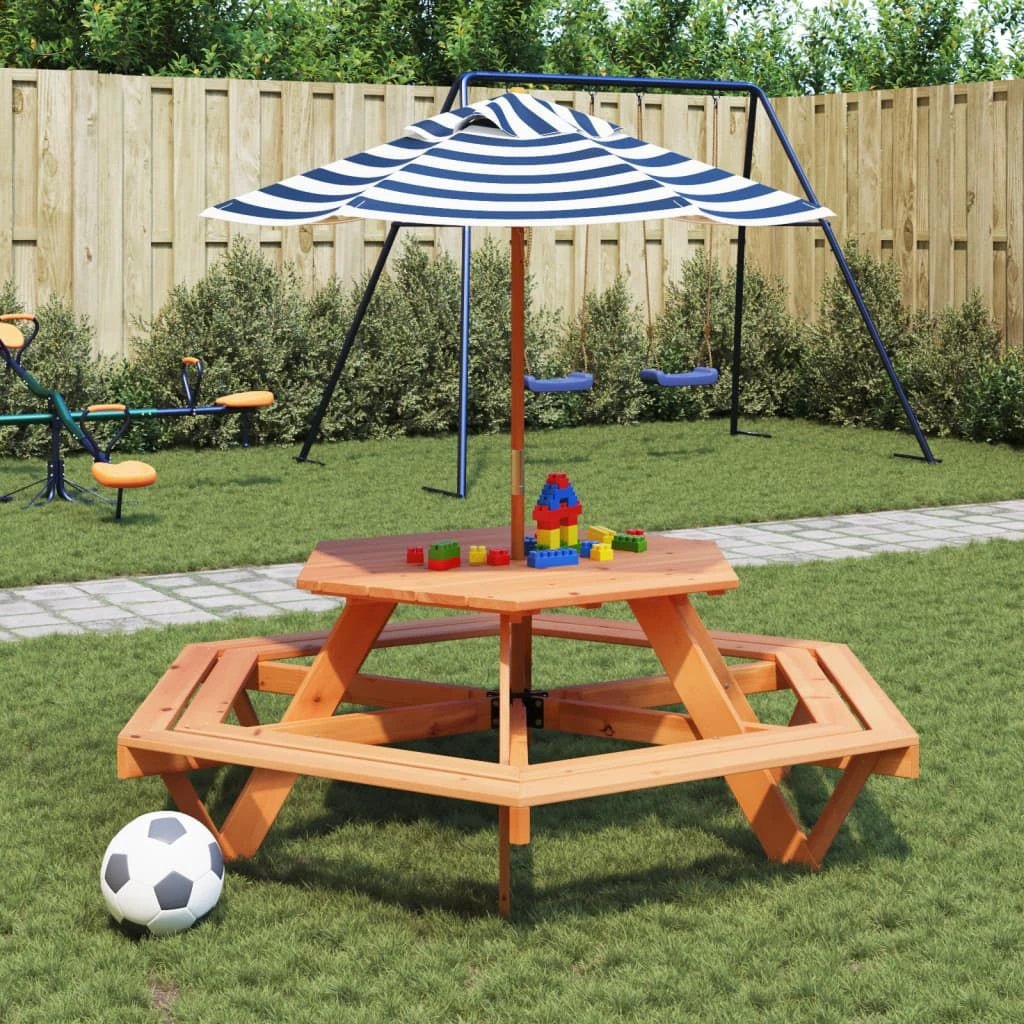 vidaXL Picnic Table for 6 Kids with Benches Hexagon Solid Wood Fir - Picnic Tables