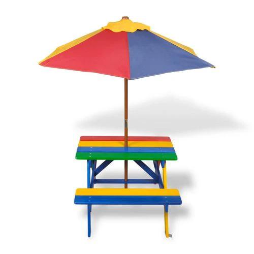 vidaXL Kids' Picnic Table with Benches and Parasol Multicolour Wood - Picnic Tables