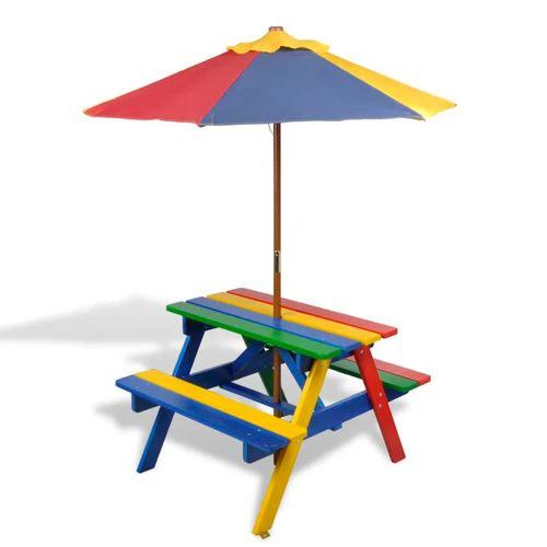 vidaXL Kids' Picnic Table with Benches and Parasol Multicolour Wood - Picnic Tables