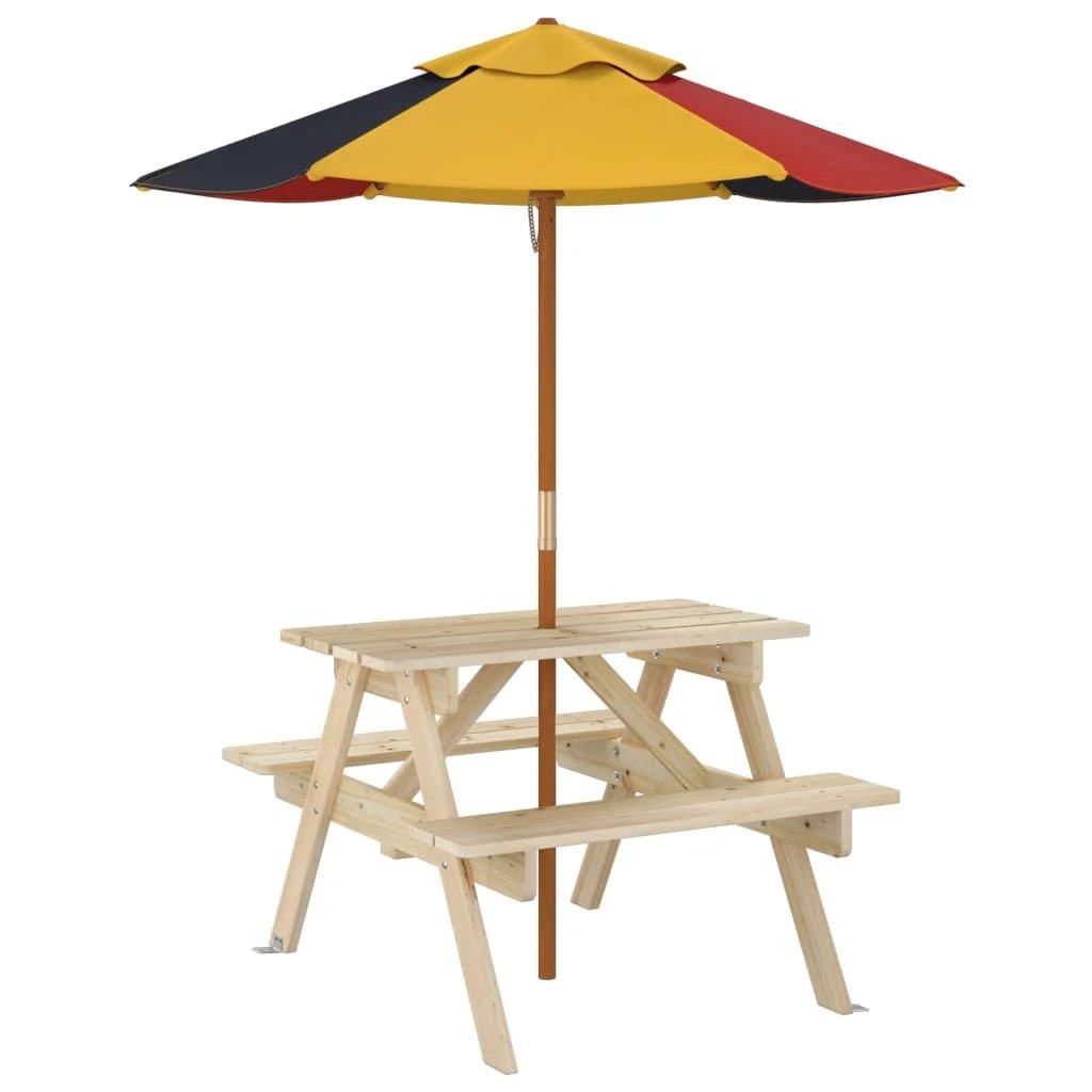 vidaXL vidaXL Kids' Picnic Table with Benches and Parasol Multicolour Wood - Picnic Tables