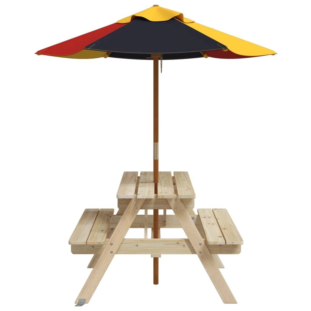 vidaXL vidaXL Kids' Picnic Table with Benches and Parasol Multicolour Wood - Picnic Tables