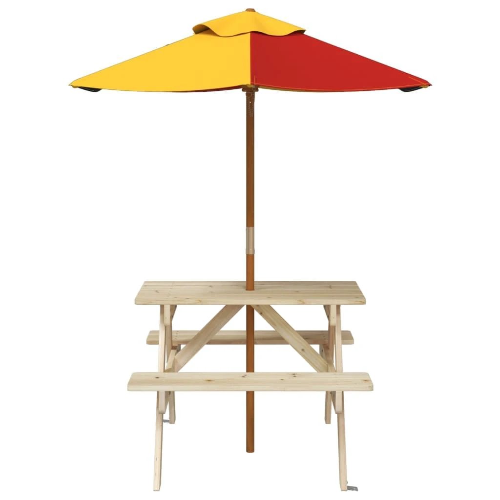 vidaXL vidaXL Kids' Picnic Table with Benches and Parasol Multicolour Wood - Picnic Tables
