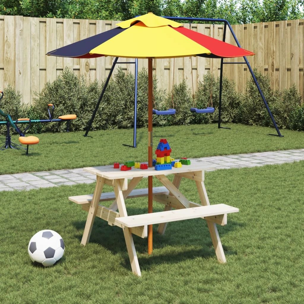 vidaXL vidaXL Kids' Picnic Table with Benches and Parasol Multicolour Wood - Picnic Tables