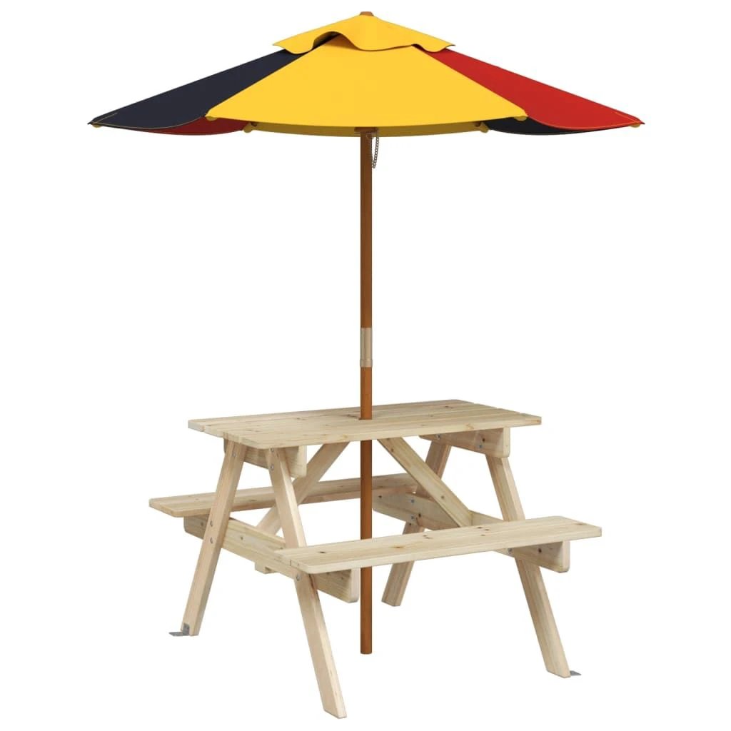 vidaXL vidaXL Kids' Picnic Table with Benches and Parasol Multicolour Wood - Picnic Tables