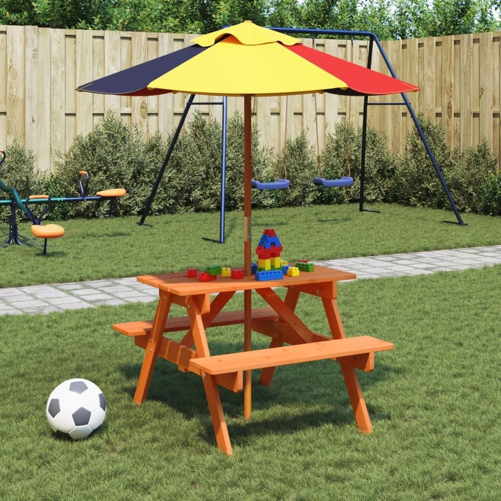 vidaXL Kids' Picnic Table with Benches and Parasol Multicolour Wood by vidaXL