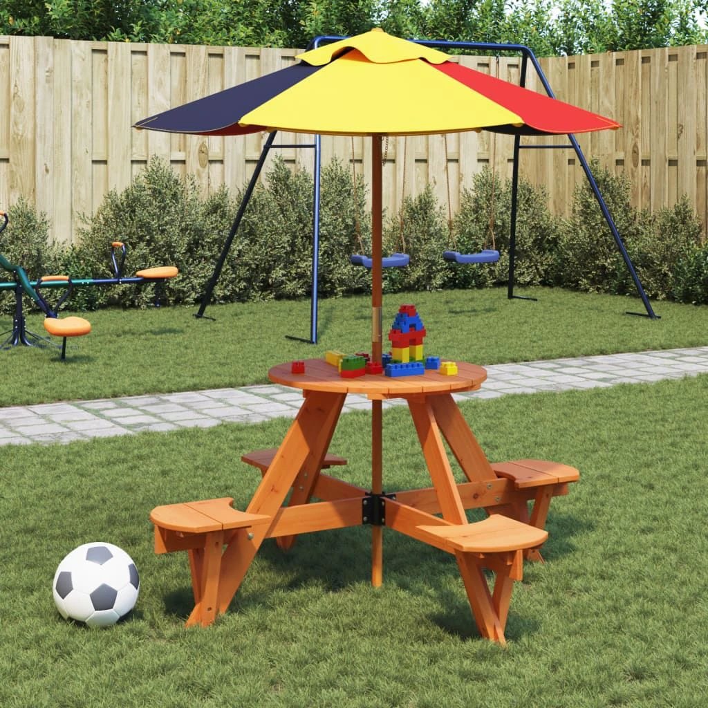 vidaXL Picnic Table for 4 Kids with Umbrella Hole Round Solid Wood Fir - Picnic Tables