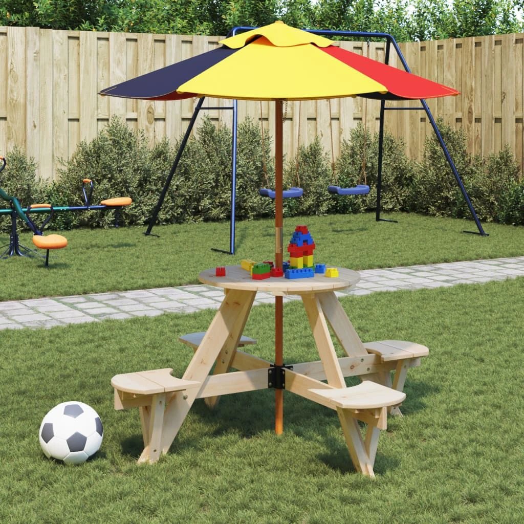 vidaXL Picnic Table for 4 Kids with Umbrella Hole Round Solid Wood Fir by vidaXL