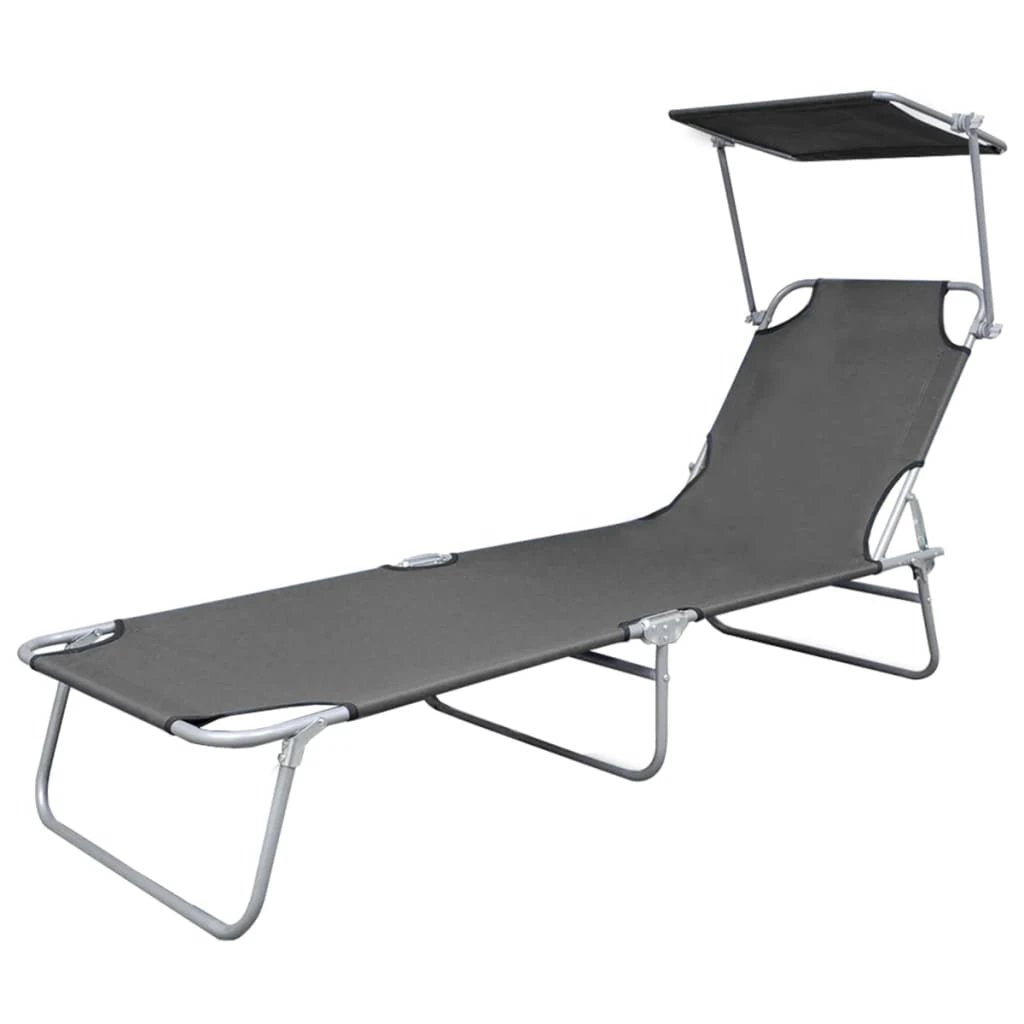 vidaXL Folding Sun Lounger with Canopy Steel Grey by vidaXL