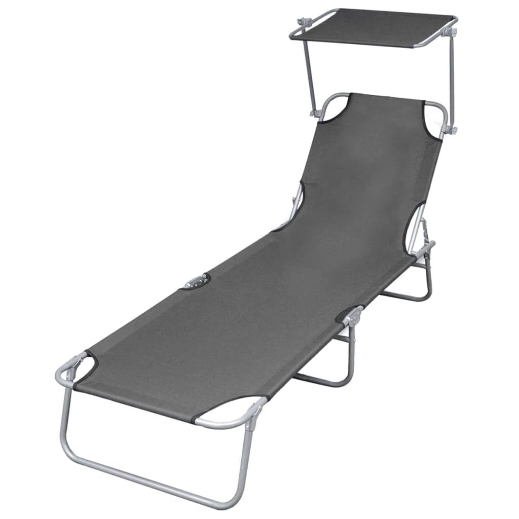 vidaXL Folding Sun Lounger with Canopy Steel Grey by vidaXL