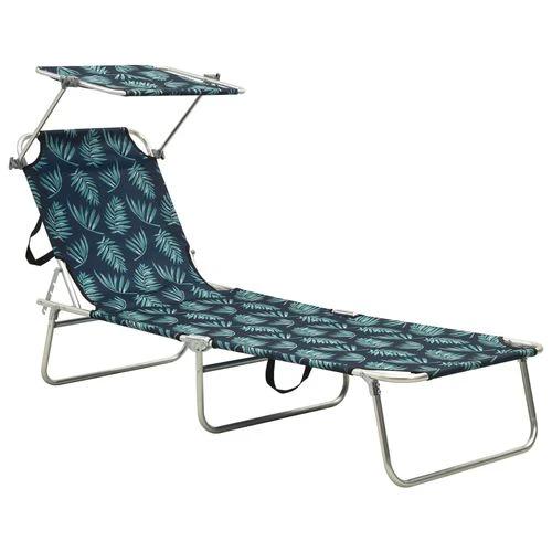 vidaXL Folding Sun Lounger with Canopy Leaf Print Aluminium - Sun Lounger