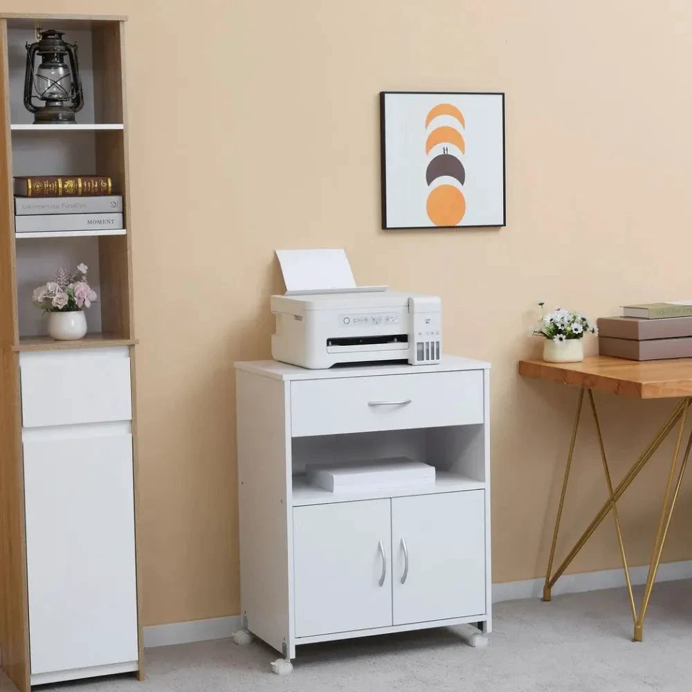 Vinsetto Rolling Printer Stand Vertical File Cabinet w/ Drawer Double Door Cabinet White - Nightstands Bedside Table