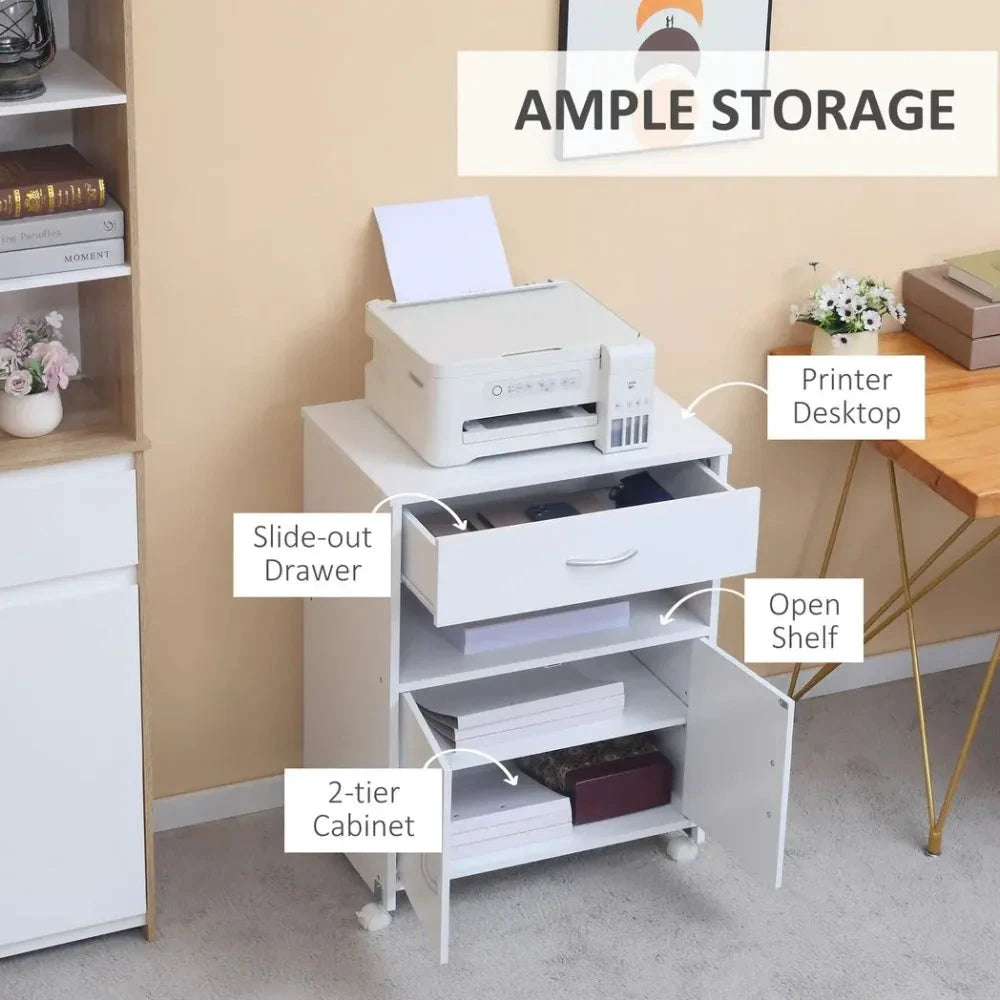 Vinsetto Rolling Printer Stand Vertical File Cabinet w/ Drawer Double Door Cabinet White - Nightstands Bedside Table