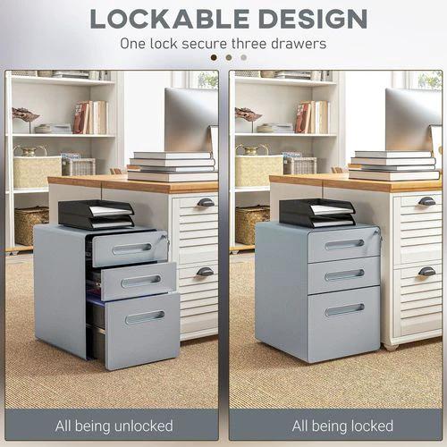 Vinsetto Vinsetto 3 Drawer Modern Steel Filing Cabinet w/ 4 Wheels Lock Pencil Box Grey - Filing Cabinet