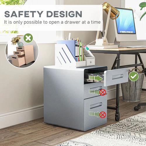 Vinsetto Vinsetto 3 Drawer Modern Steel Filing Cabinet w/ 4 Wheels Lock Pencil Box Grey - Filing Cabinet