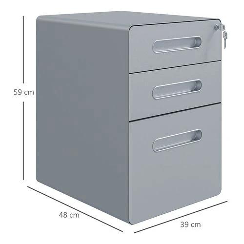 Vinsetto Vinsetto 3 Drawer Modern Steel Filing Cabinet w/ 4 Wheels Lock Pencil Box Grey - Filing Cabinet