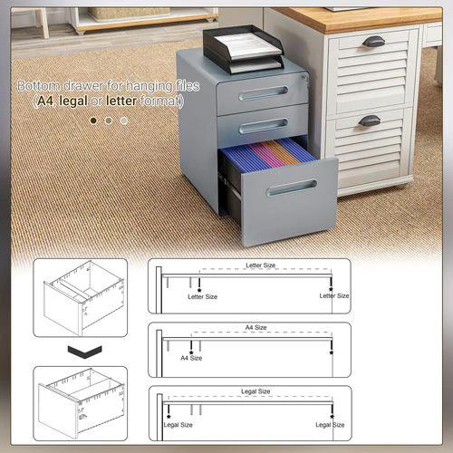 Vinsetto Vinsetto 3 Drawer Modern Steel Filing Cabinet w/ 4 Wheels Lock Pencil Box Grey - Filing Cabinet
