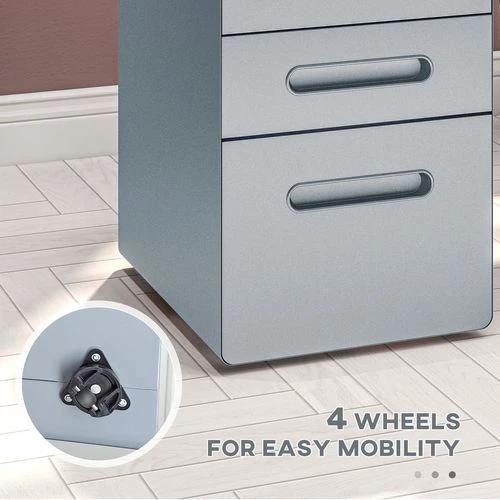 Vinsetto Vinsetto 3 Drawer Modern Steel Filing Cabinet w/ 4 Wheels Lock Pencil Box Grey - Filing Cabinet