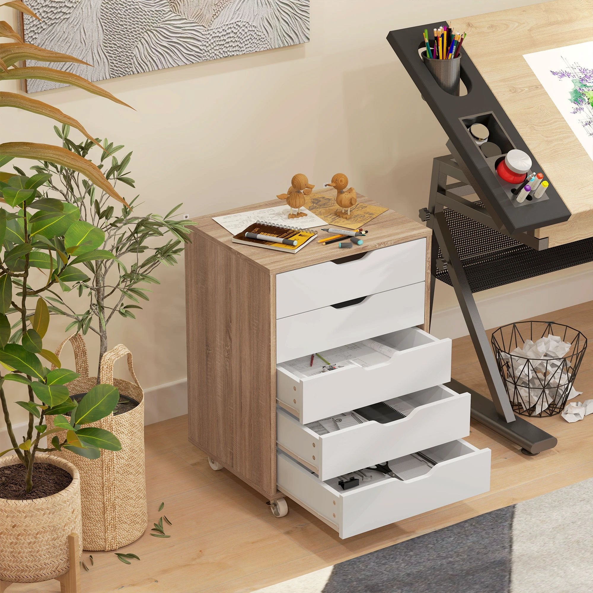 Vinsetto Vinsetto Mobile Filing Cabinet, 5-drawer File Cabinet with Wheels, Oak - Filing Cabinet