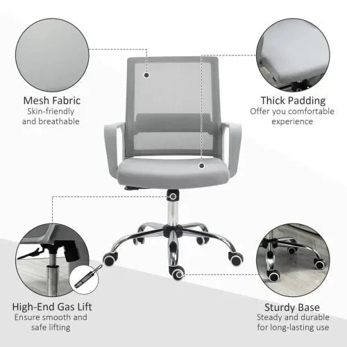 Vinsetto Ergonomic Office Chair Adjustable Height Mesh Chair with Swivel Wheels Grey - Office Chair