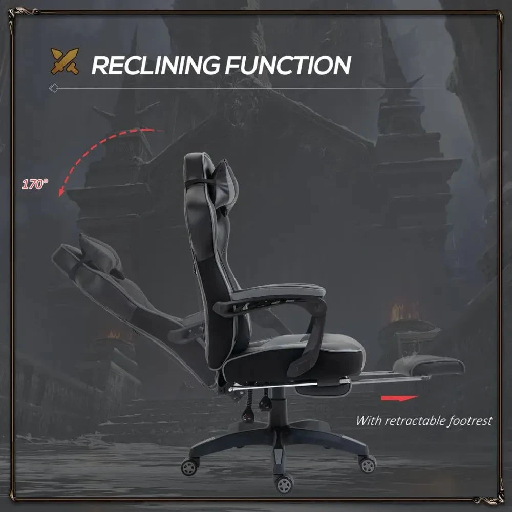 Vinsetto Gaming Chair Ergonomic Reclining w/ Manual Footrest Wheels Stylish Office Grey - Office Chair