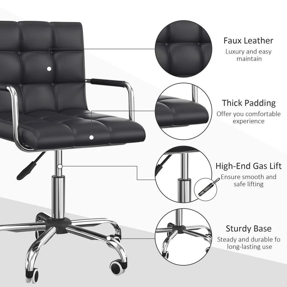 Vinsetto Mid Back PU Leather Home Office Chair Swivel Desk Chair with Arm, Wheel, Black - Office Chair