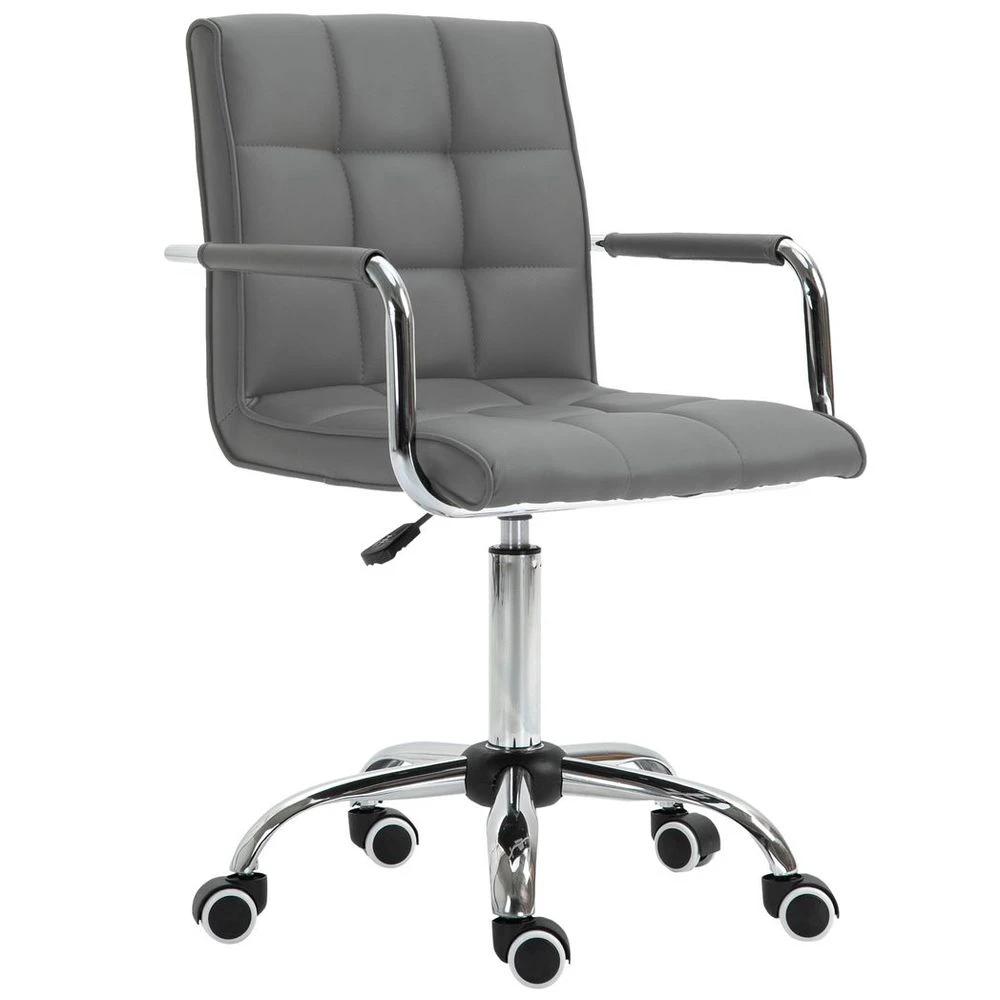 Mid Back PU Leather Home Office Chair Swivel Desk Chair with Arm, Wheel, Grey by Vinsetto