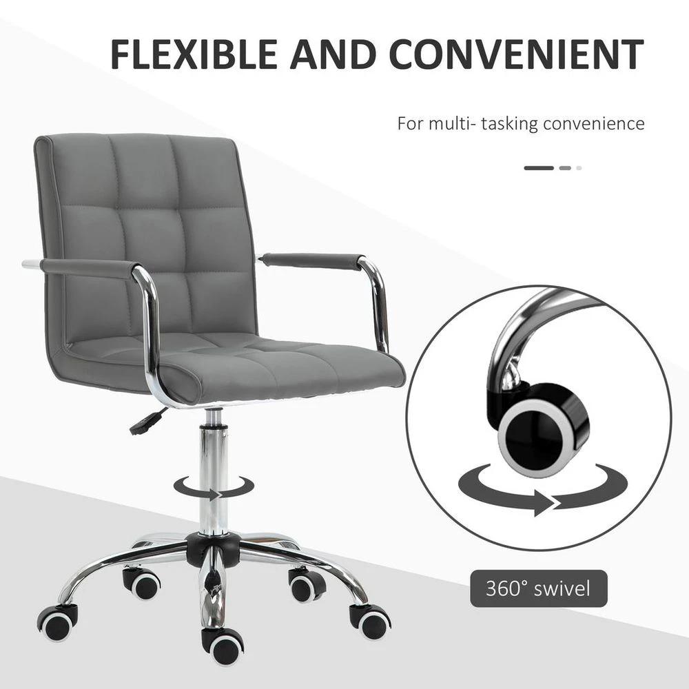 Mid Back PU Leather Home Office Chair Swivel Desk Chair with Arm, Wheel, Grey by Vinsetto