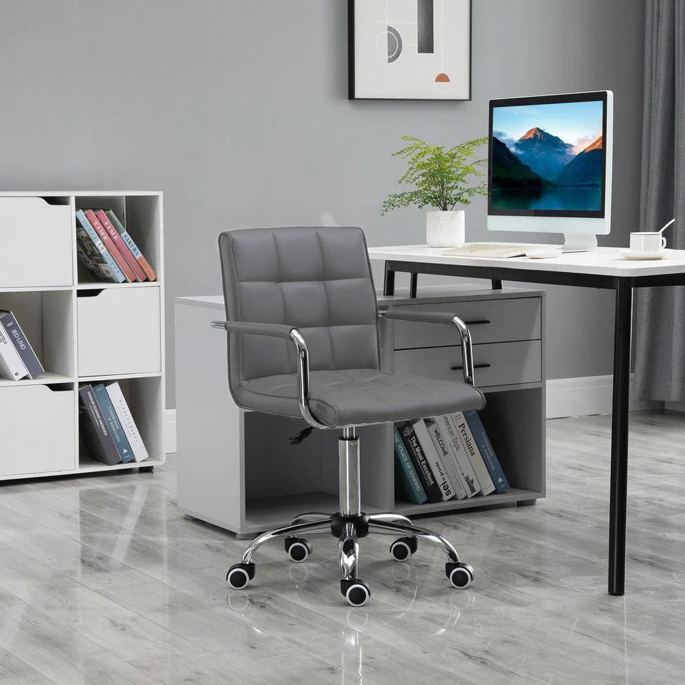 Mid Back PU Leather Home Office Chair Swivel Desk Chair with Arm, Wheel, Grey by Vinsetto