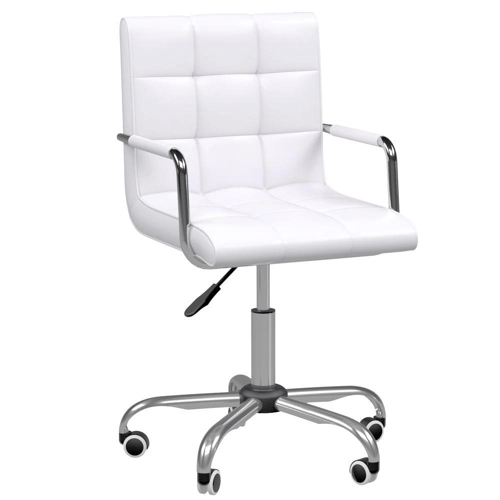 Mid Back PU Leather Home Office Chair Swivel Desk Chair with Arm, Wheel, White by Vinsetto