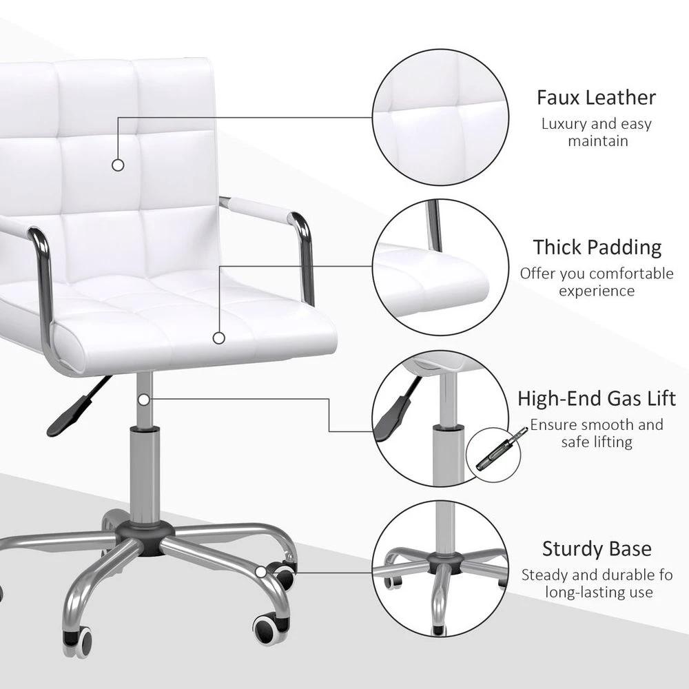Vinsetto Mid Back PU Leather Home Office Chair Swivel Desk Chair with Arm, Wheel, White - Office Chair