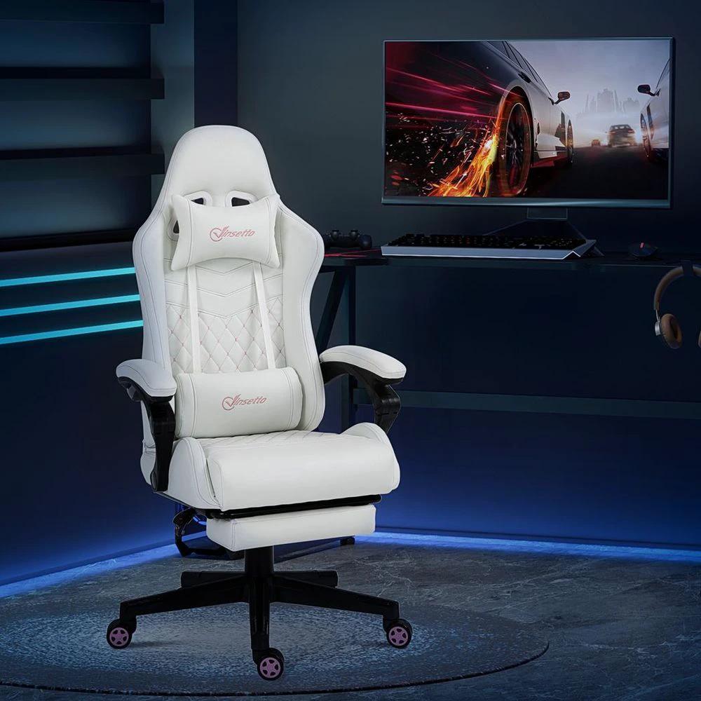 Racing Gaming Chair PU Leather Gamer Recliner Home Office, White by Vinsetto