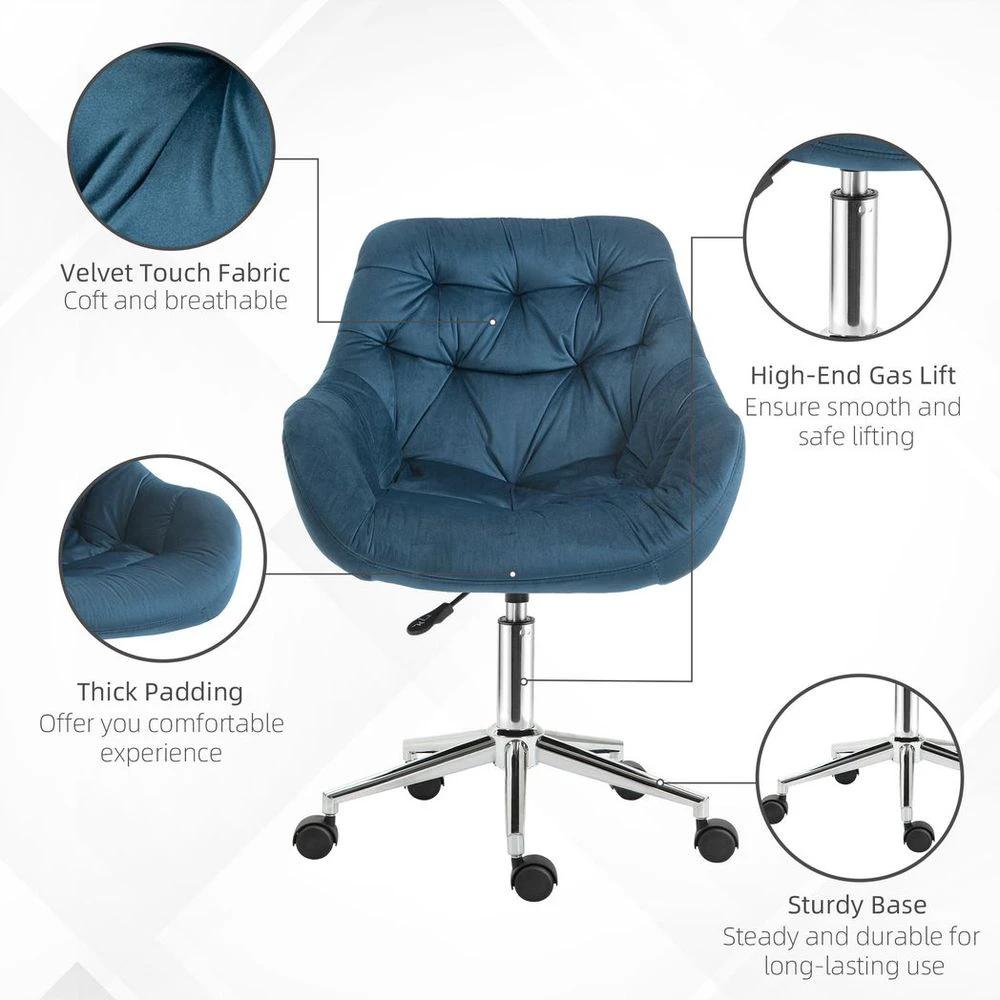 Velvet Home Office Chair Comfy Desk Chair w/ Adjustable Height Armrest Blue by Vinsetto