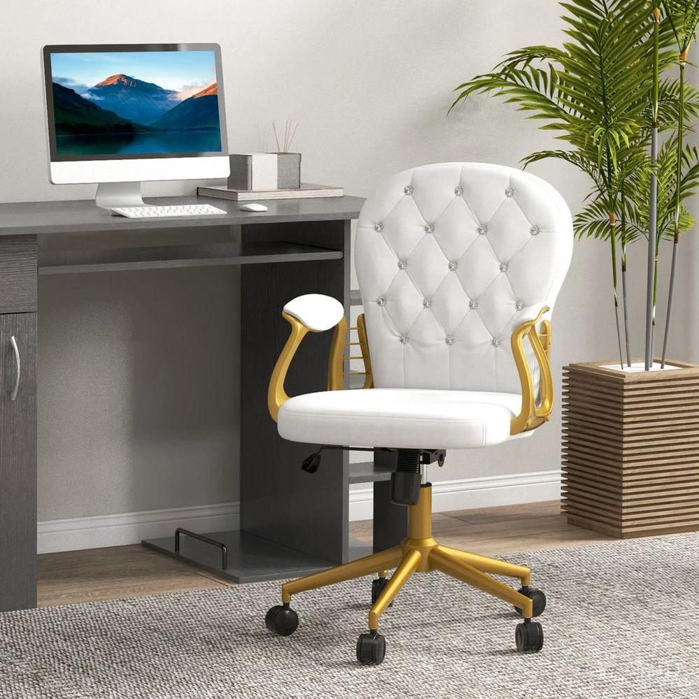 Vinsetto Home Office Chair Button Tufted Desk Chair with Swivel Wheels White by Vinsetto