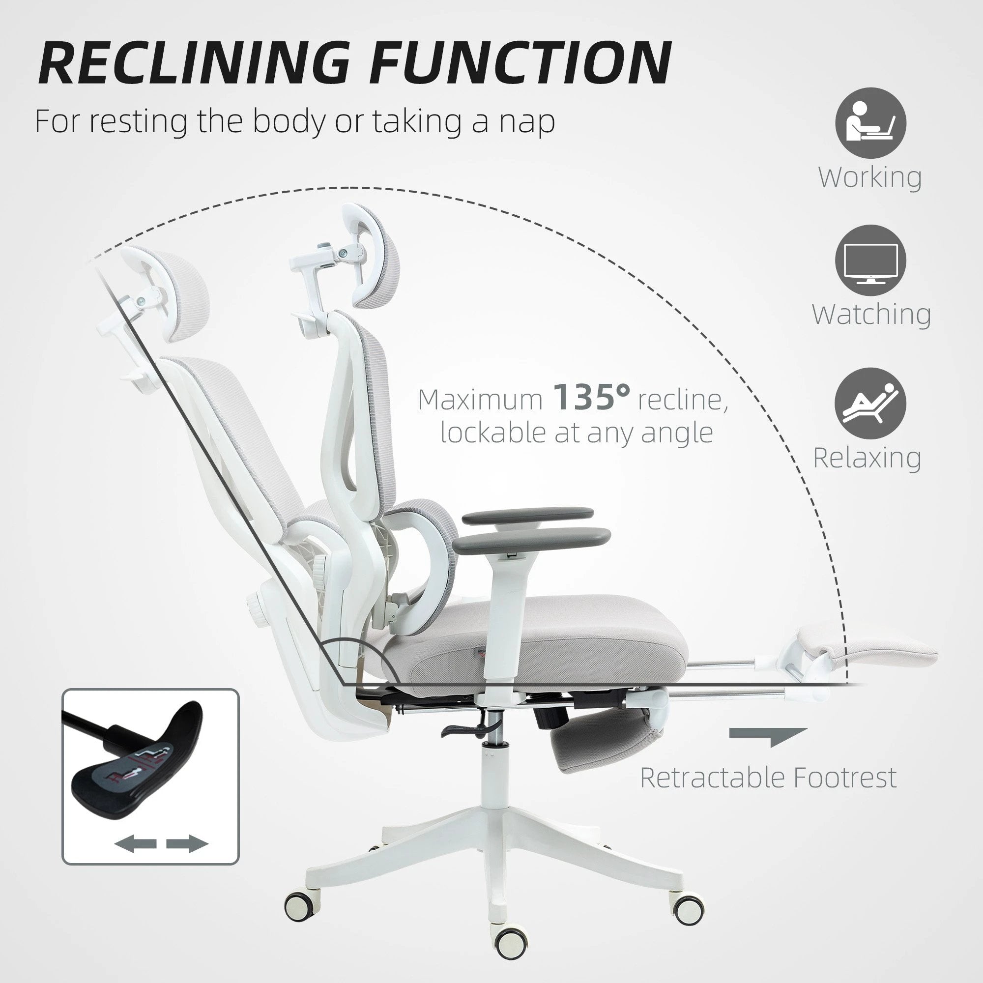 HOMCOM Ergonomic Office Chair, Recliner Computer Chair with Footrest, Grey - Office Chair